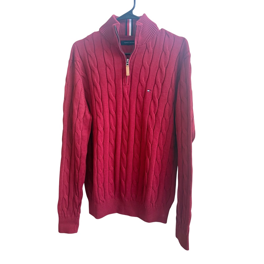 Tommy Hilfiger Mens Red Cable Knit Quarter Zip Sweater Mock Neck Logo L Preppy